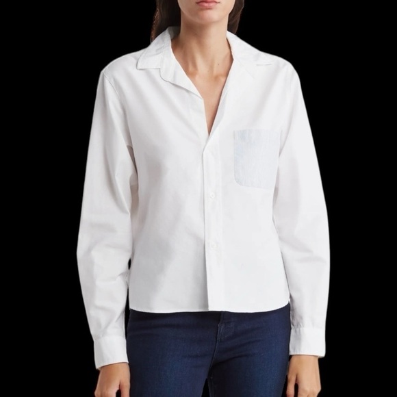 NWT Frank & Eileen Untuckable Stripe Pocket Button-Up Shirt, white, size M - Picture 1 of 11